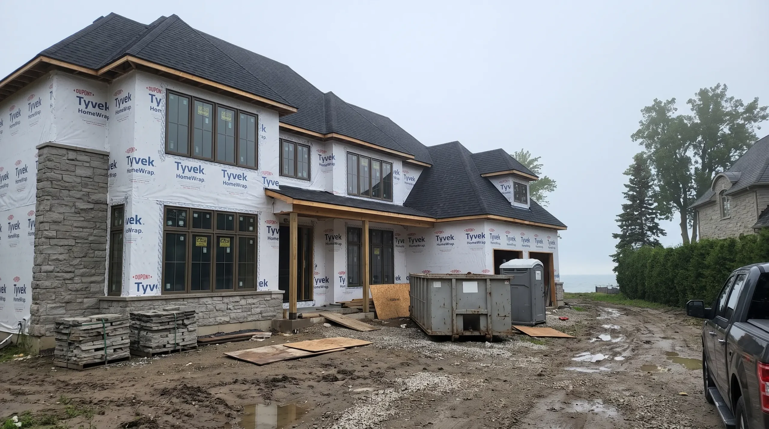 Large estate home under construction with stone veneer started and a lake visible beyond the drive