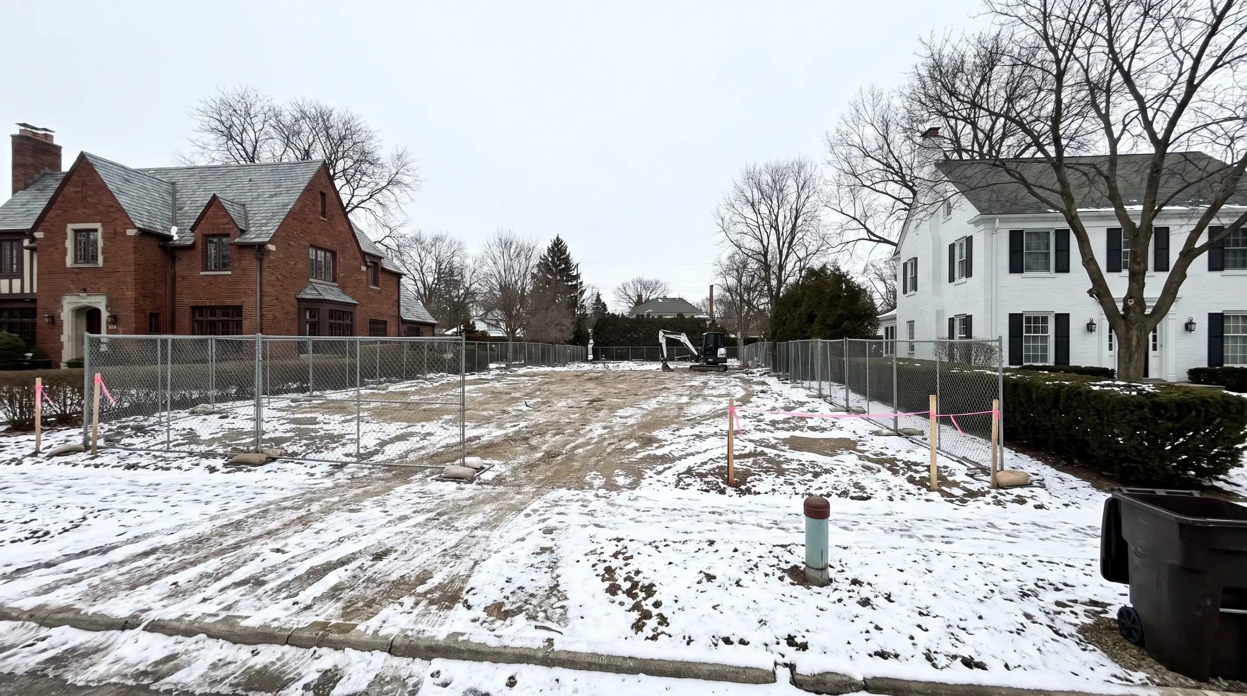 Cleared and fenced building lot under light snow between a brick Tudor and a white brick colonial