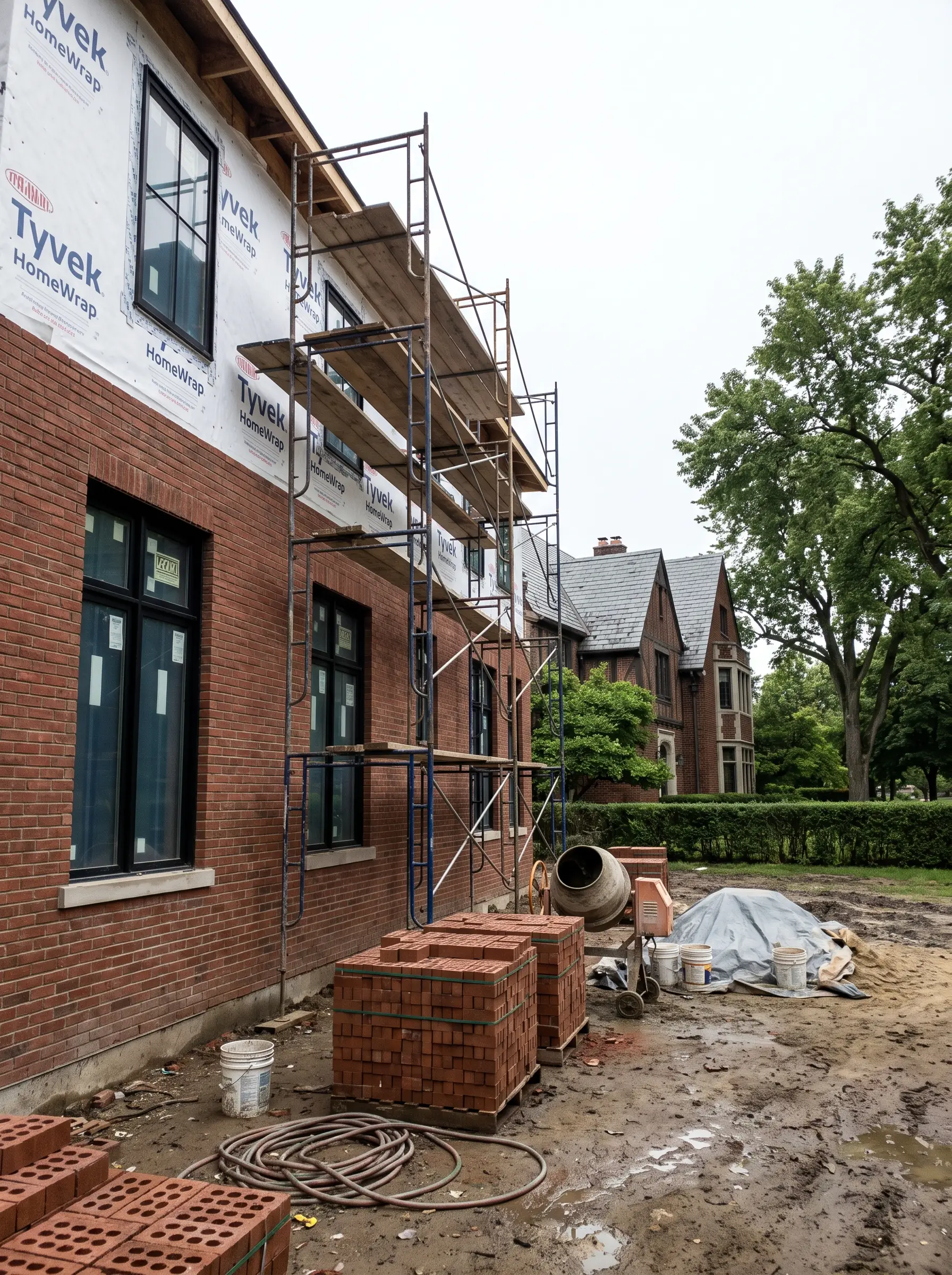 Brick veneer being laid from scaffolding on the side wall of a large new custom home