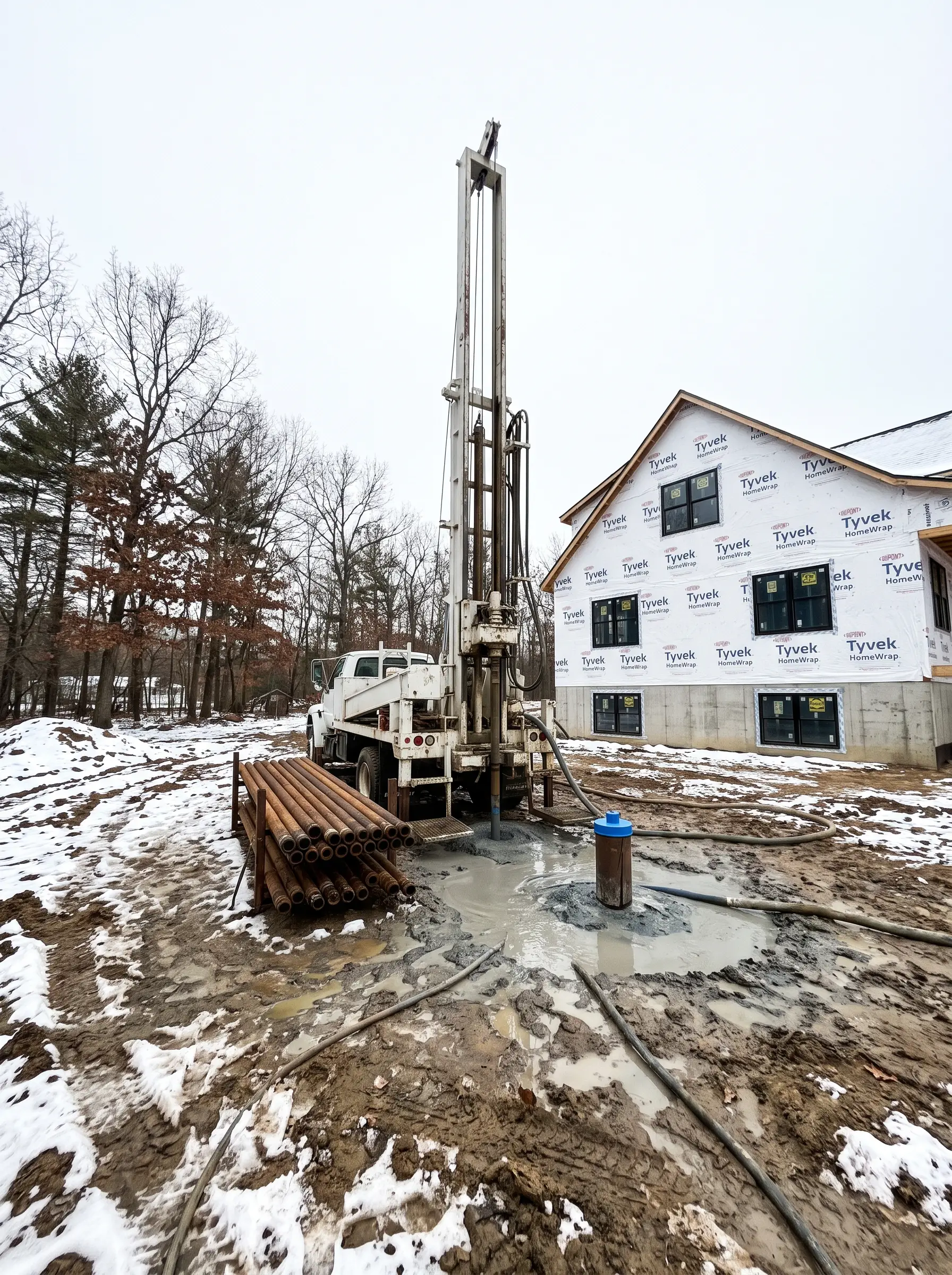 Well drilling rig and a new capped well casing beside a large home under construction on a wooded lot