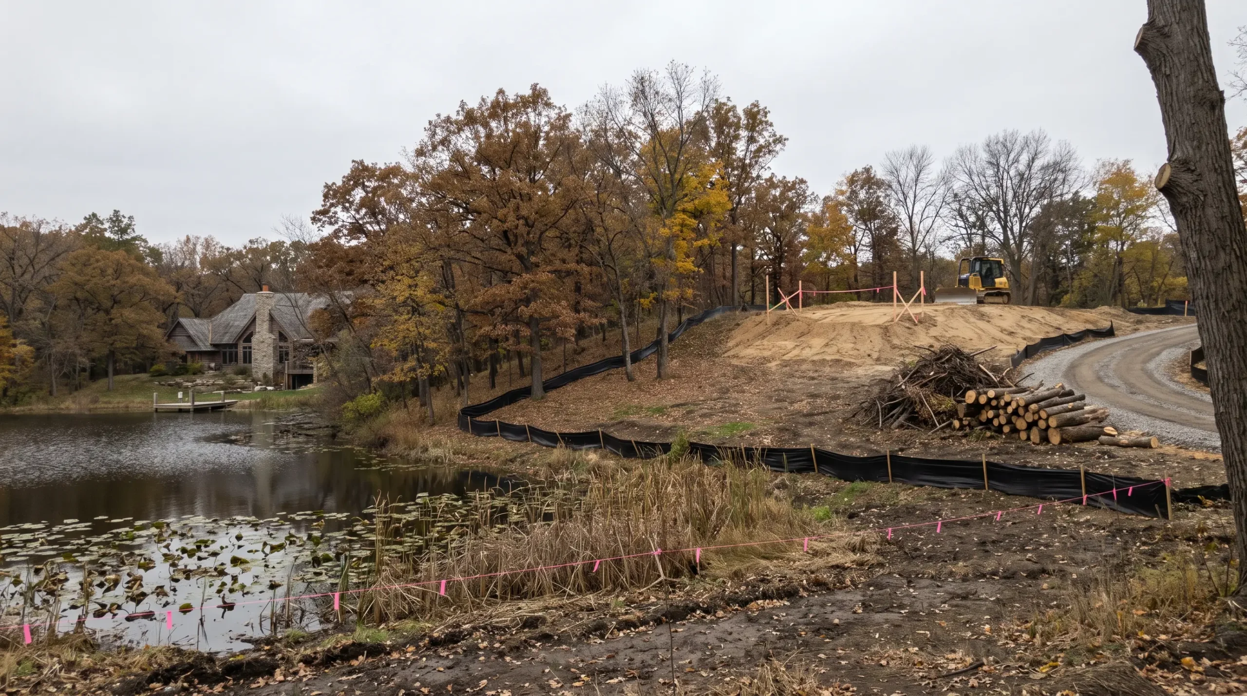 Cleared building pad on a wooded knoll above a small lake, with flags and a silt fence set back from the water