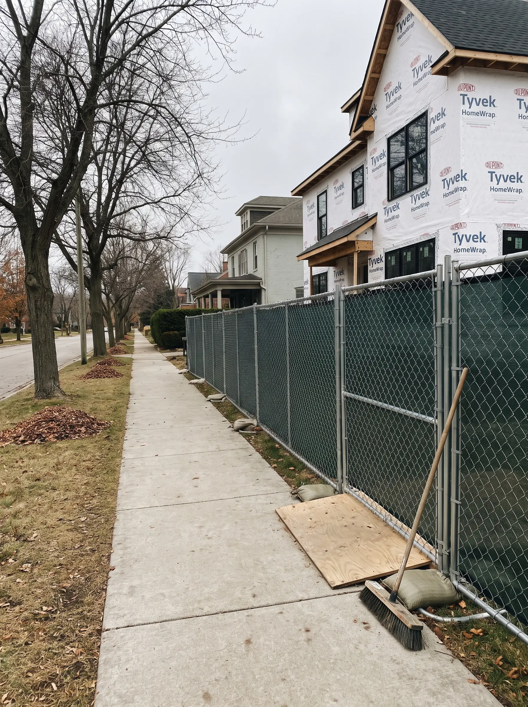 Swept public sidewalk beside a screened site fence with a new home in house wrap behind it