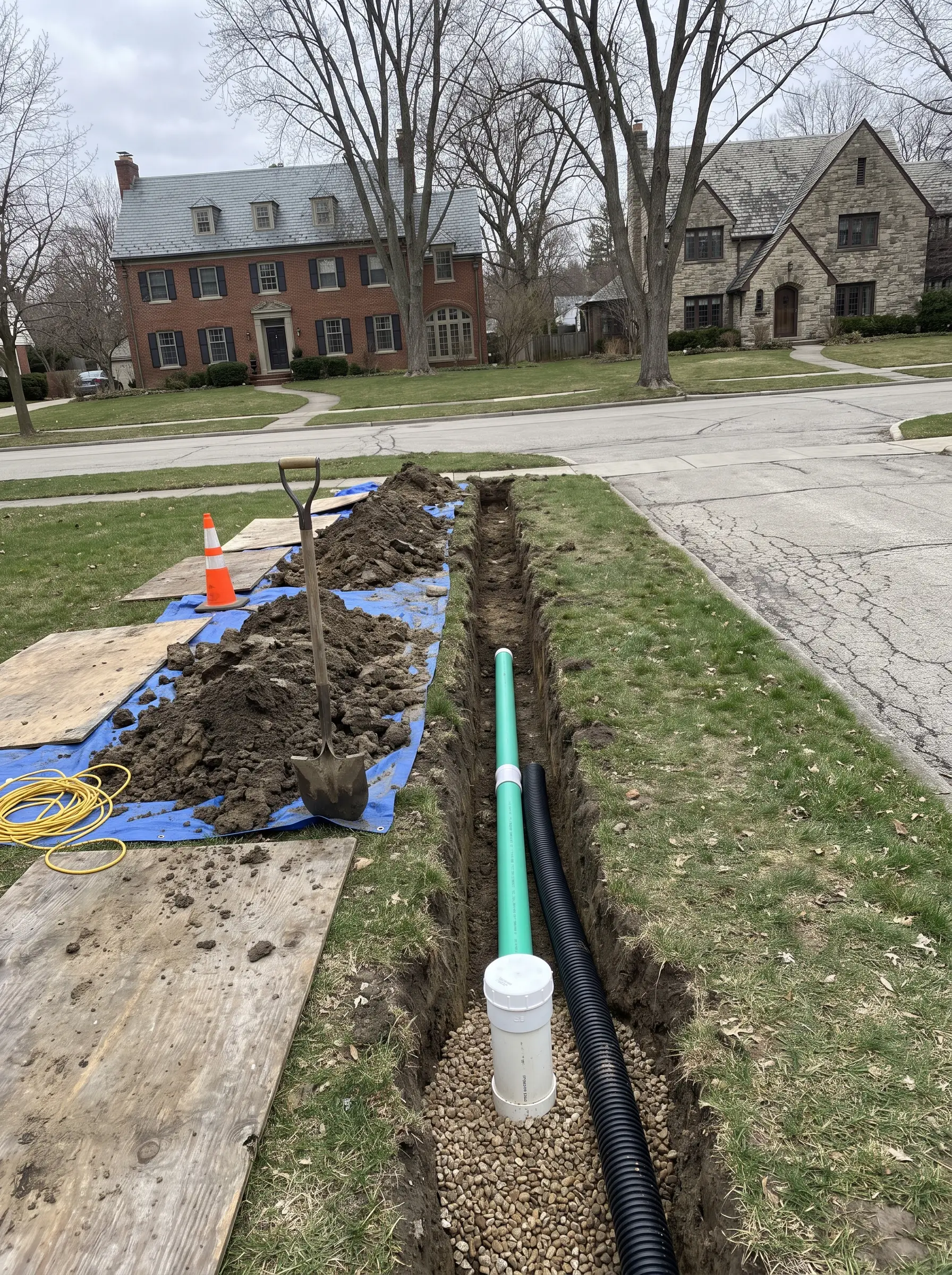 Open trench with a new sewer pipe and a separate rainwater pipe across a front lawn, with brick and stone homes across the street
