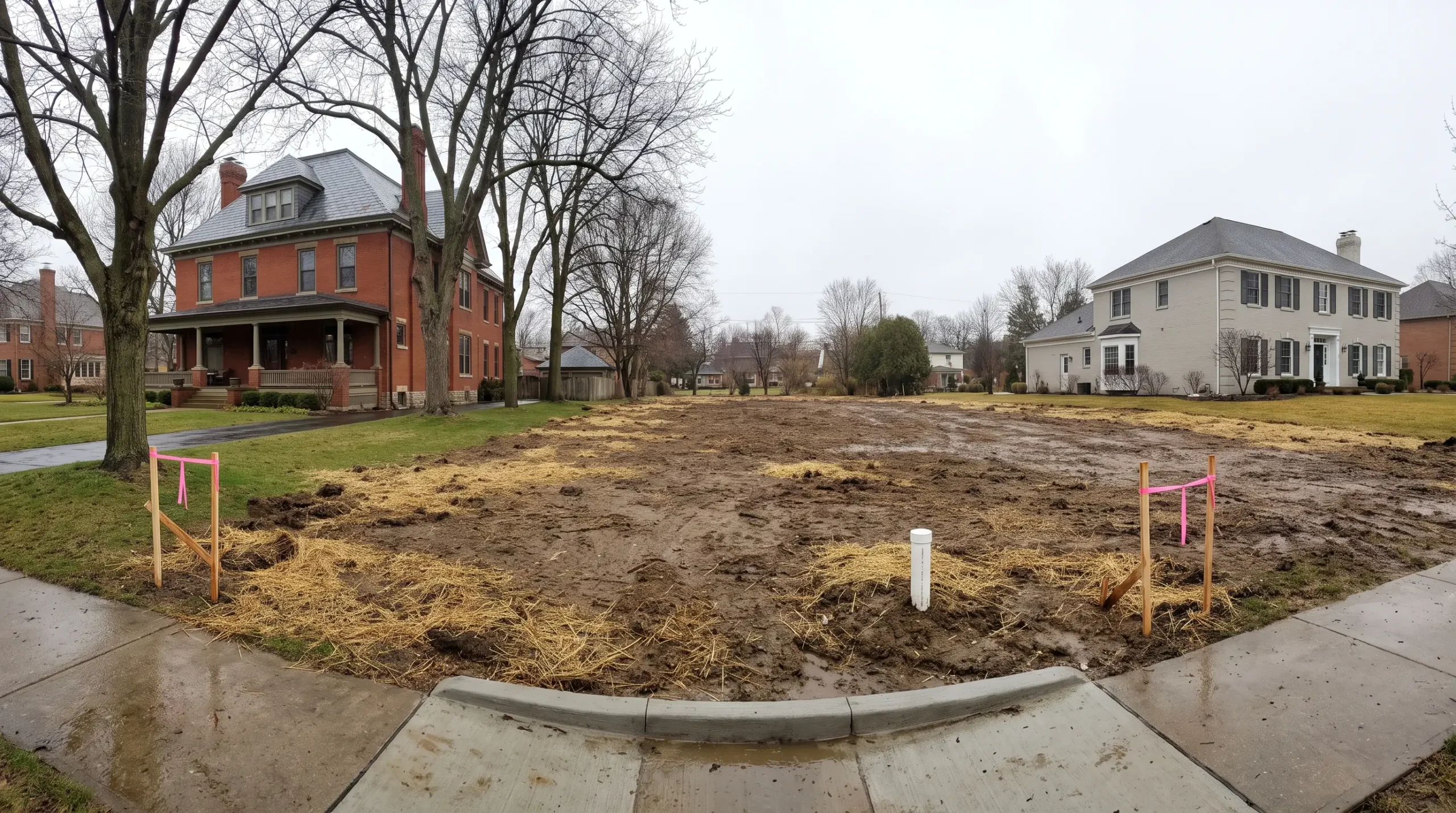 A cleared and staked building lot between a historic brick home and a large painted-brick colonial