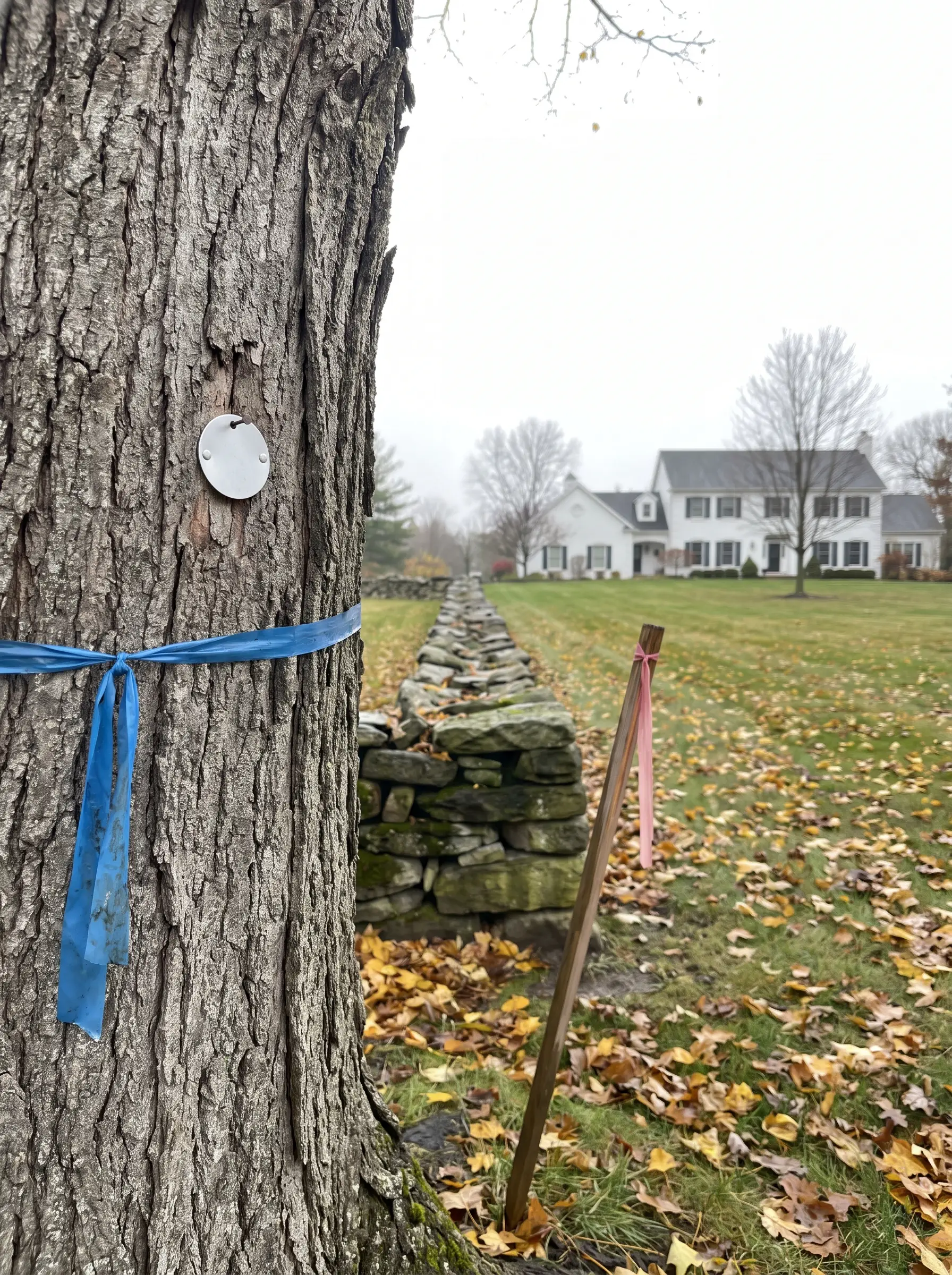 An old maple trunk with a survey tag and blue ribbon beside a fieldstone wall, with a white brick estate home beyond