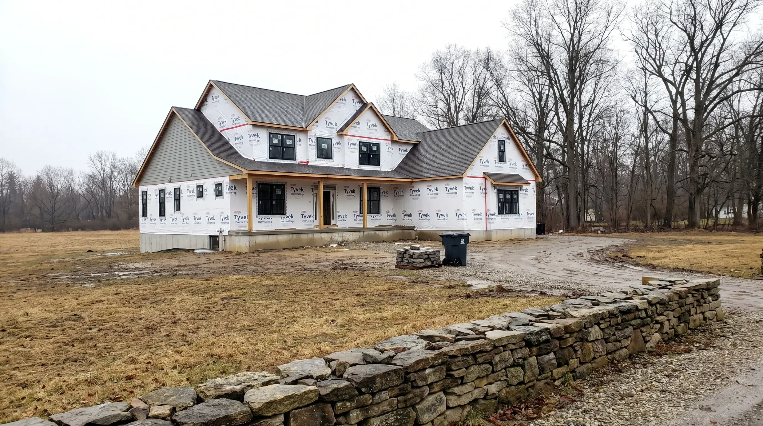 A large custom home in house wrap set back on a wide lot behind an old fieldstone wall