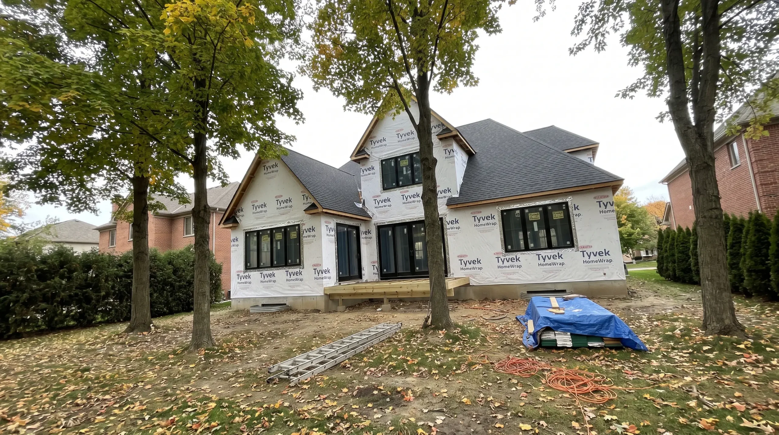 The rear of a large new home in house wrap seen from a back yard with mature maples in fall color