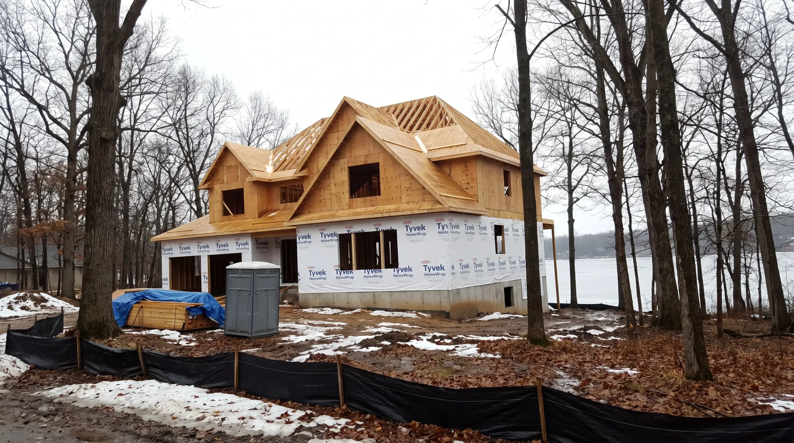 A large custom home being framed among tall bare trees on a wooded lot, with a lake visible behind