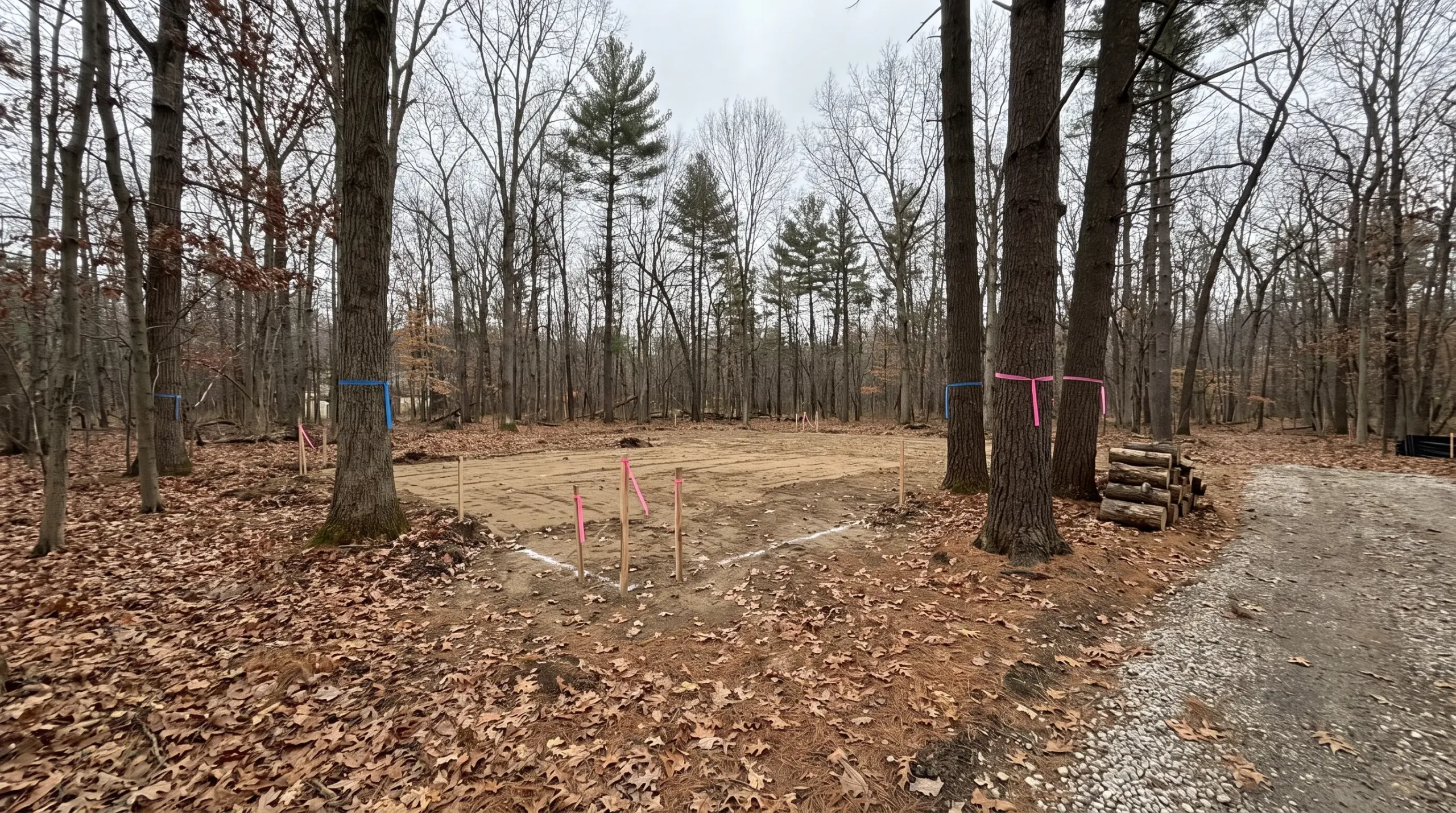 A home site cleared and staked among mature trees on a wooded lot, with survey ribbon on a few trunks