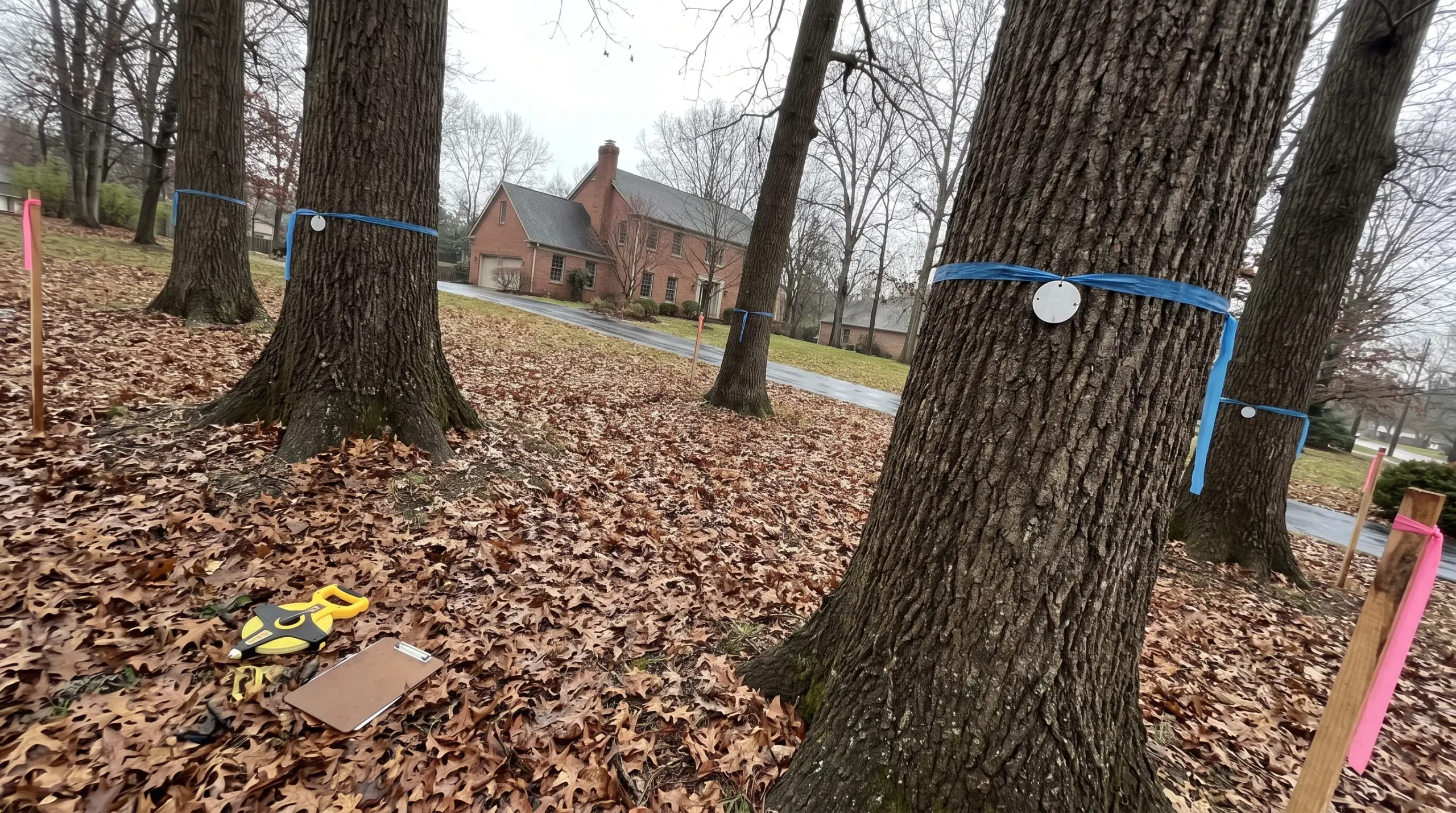 Large oak trunks tied with blue survey ribbon and tagged on a leaf-covered lot, with a brick estate home beyond