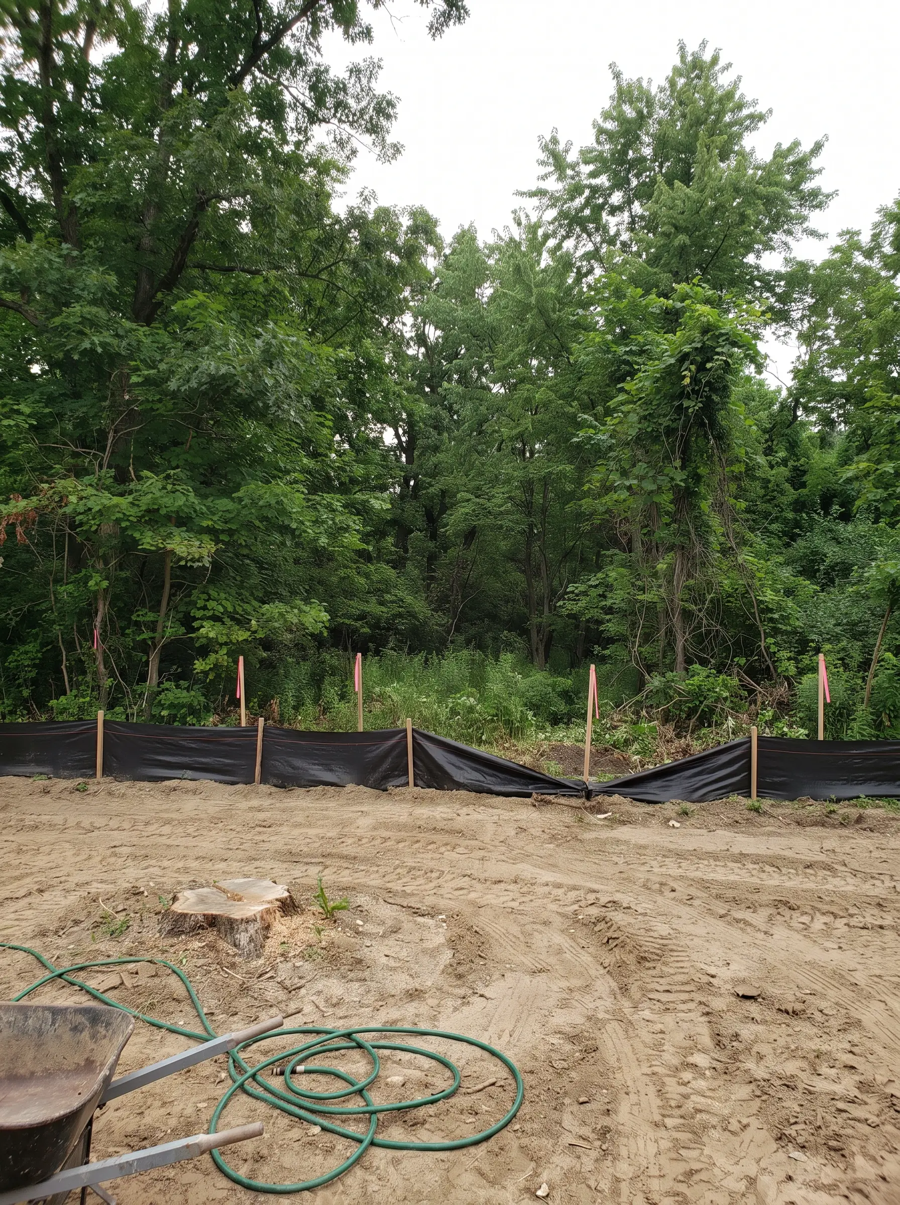 A silt fence and ribboned stakes along the edge of dense green woodland at the back of a cleared building lot