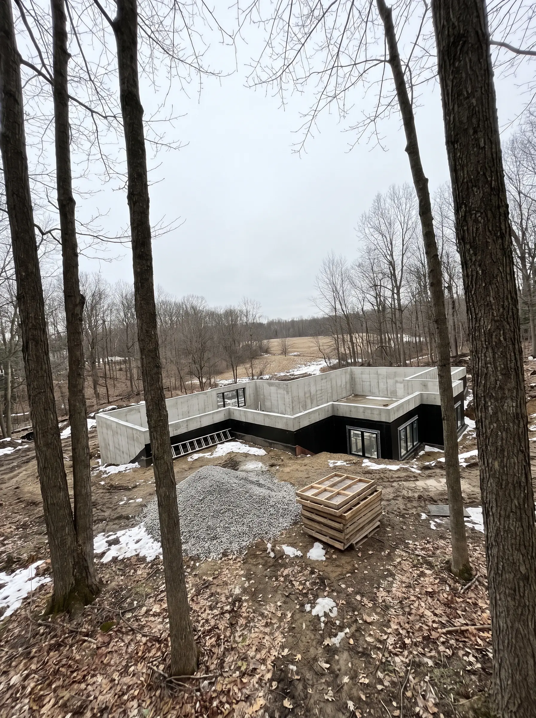 A newly poured walkout basement foundation for a large home, seen between bare tree trunks on a wooded rise