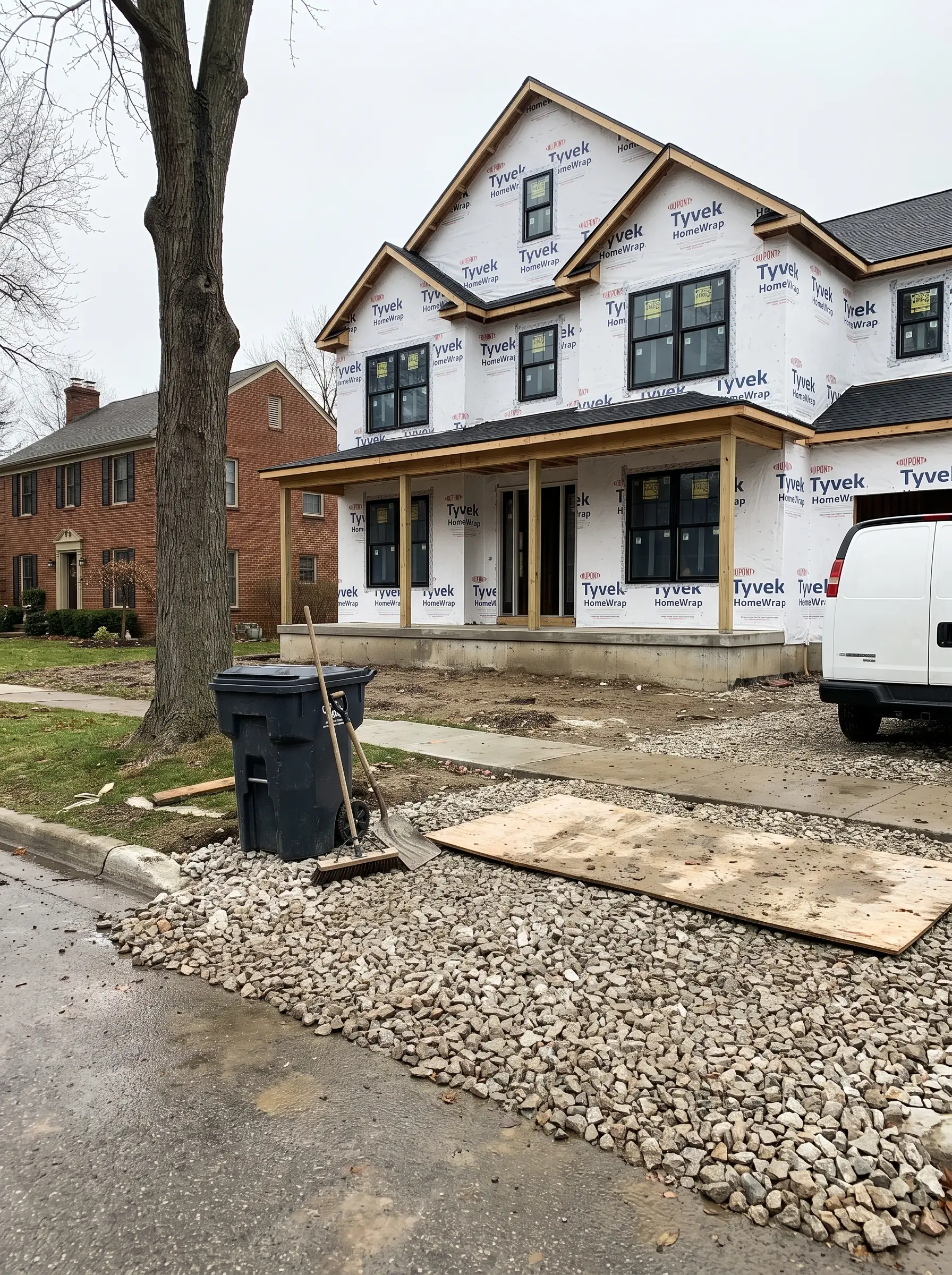A stone construction entrance with a broom and trash bin at the curb, and a large new home in house wrap behind