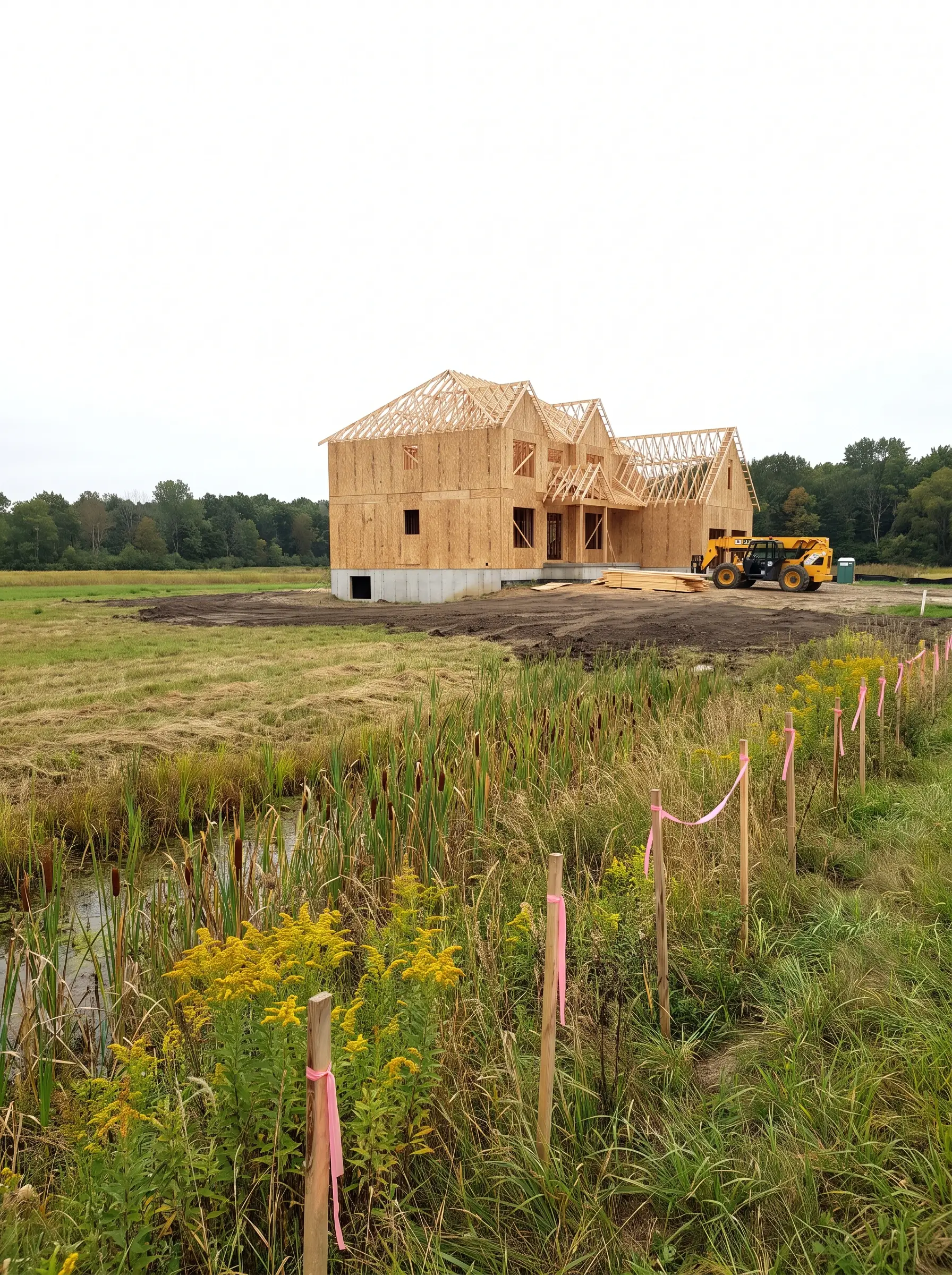 Ribboned stakes along an uncut strip of tall grasses and cattails, with a large home being framed on open acreage behind