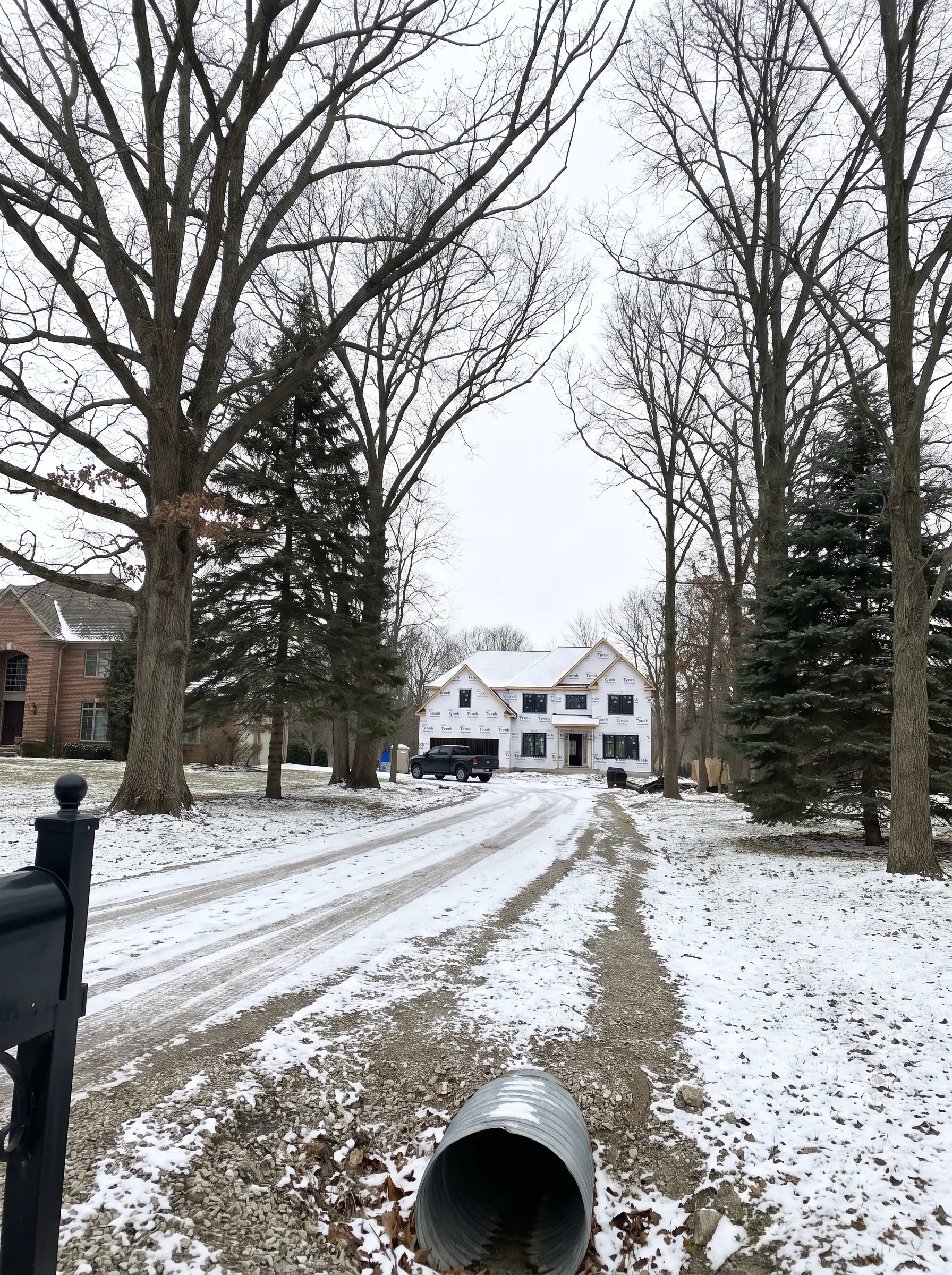 A private gravel lane under light snow, lined with mature trees and leading to a large new home in house wrap