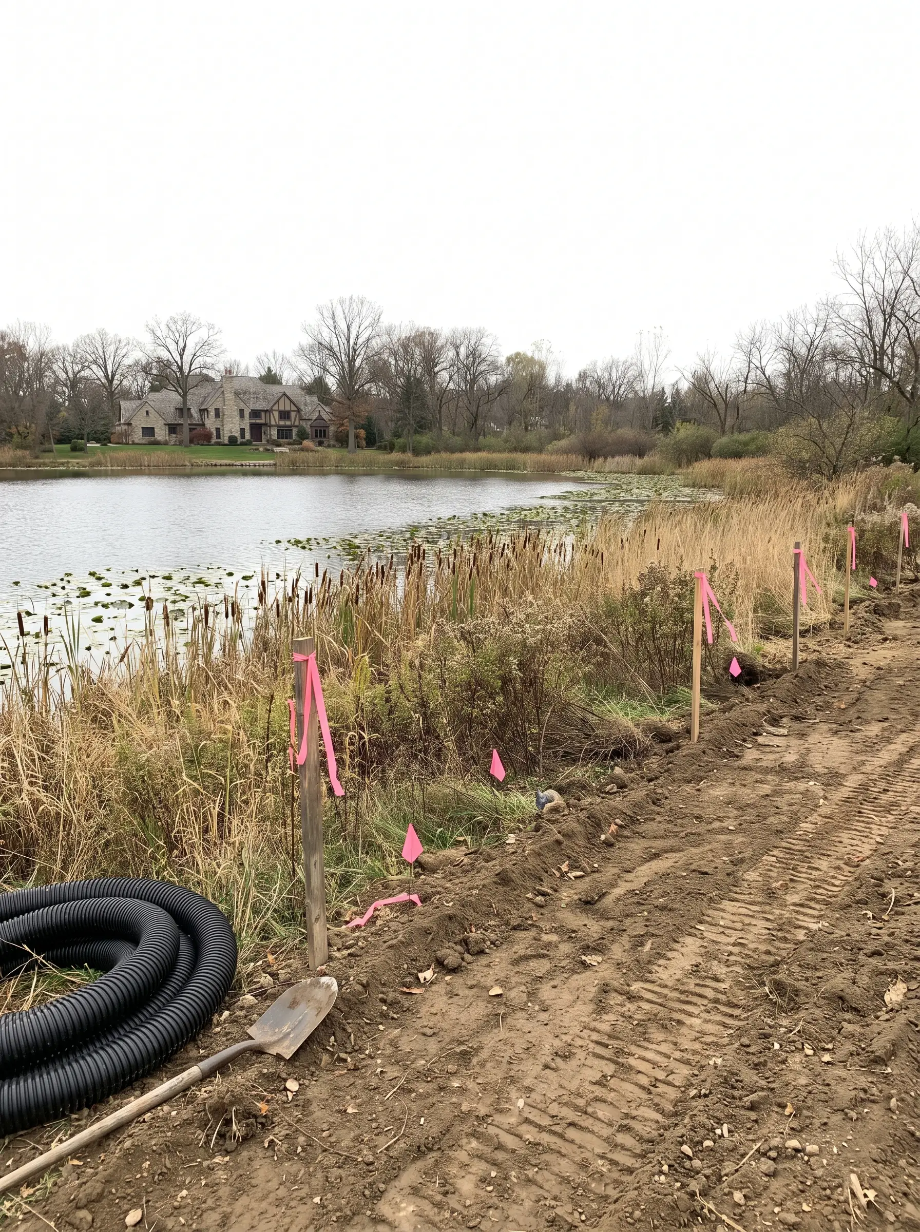 Ribboned stakes and pin flags marking the edge of graded soil beside an uncut strip of grasses along a small lake