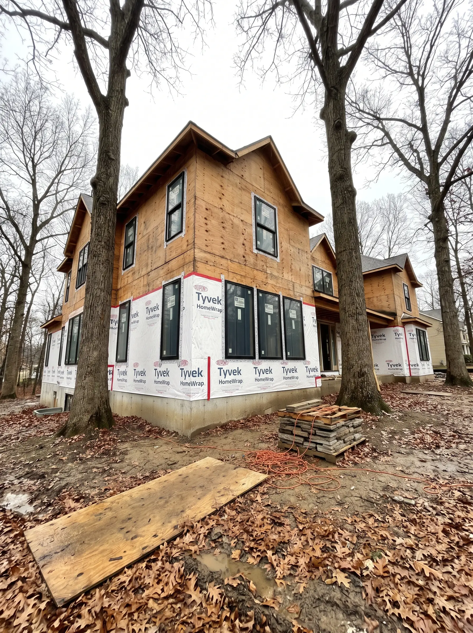 A large custom home with plywood sheathing and house wrap standing between tall mature trees