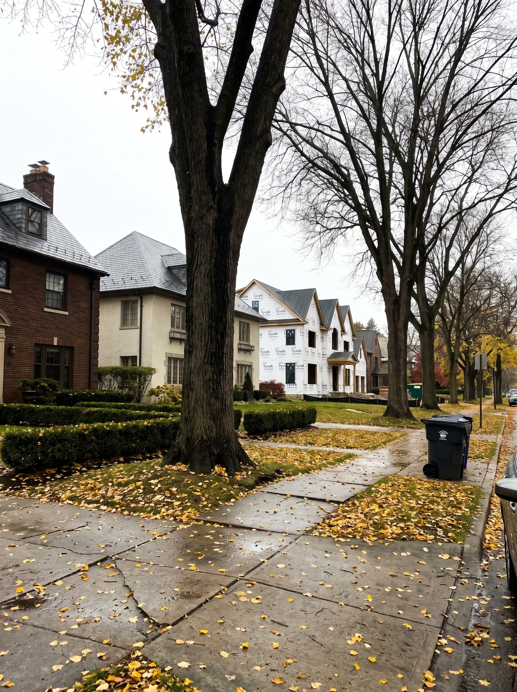 Large old street trees along a leaf-covered sidewalk, with historic brick homes and a new home in house wrap down the row