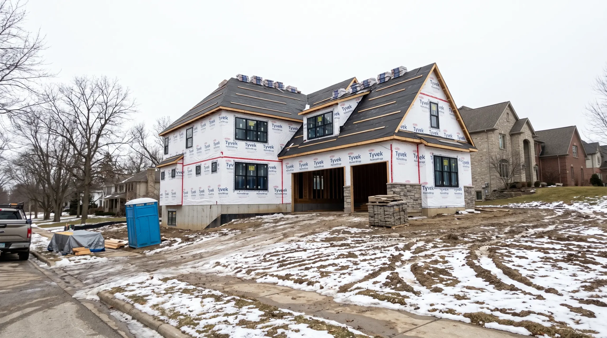 A large new home in house wrap with stone started at the garage, on a sloping lot with old snow and bare street trees
