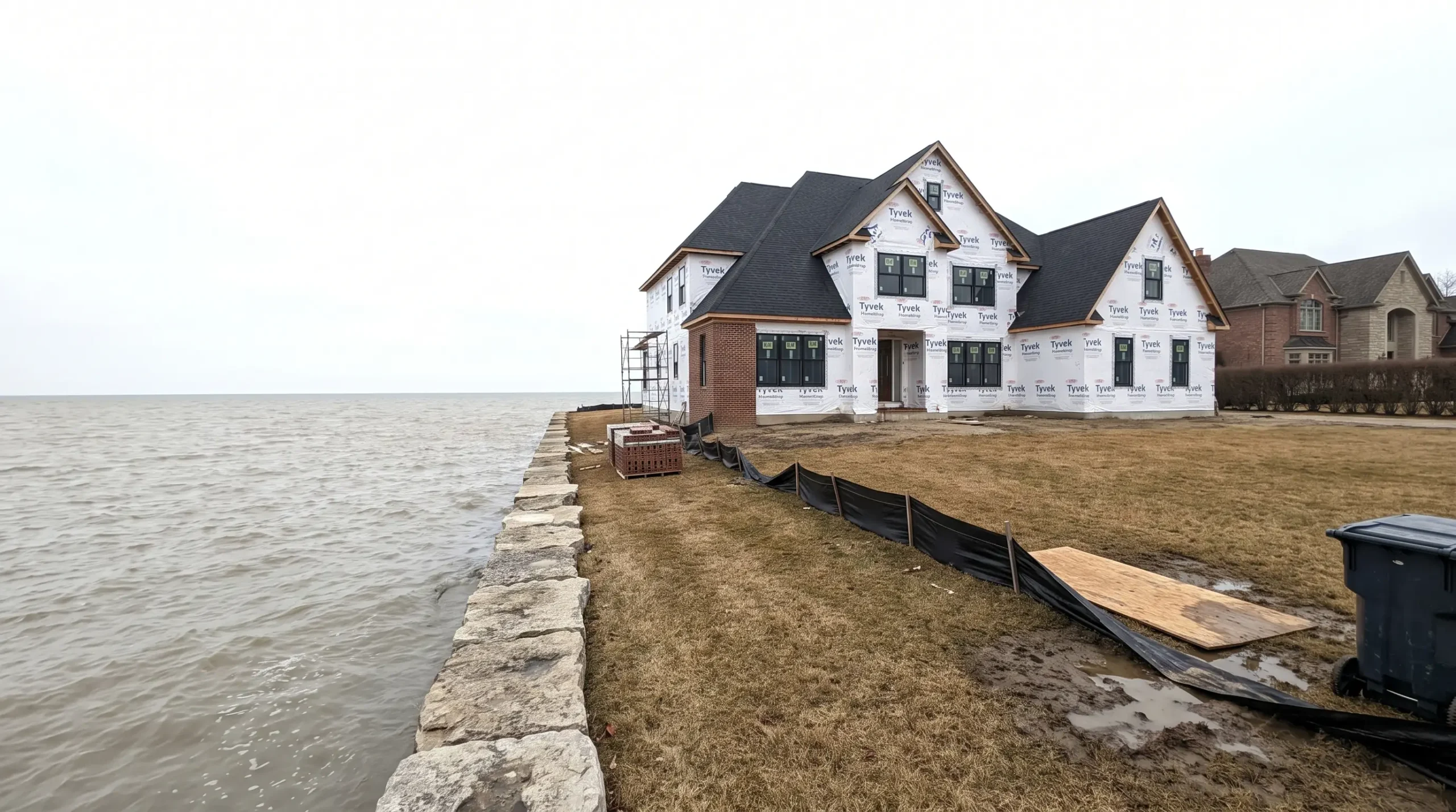A large new home in house wrap with brick started, seen along a limestone seawall beside open water