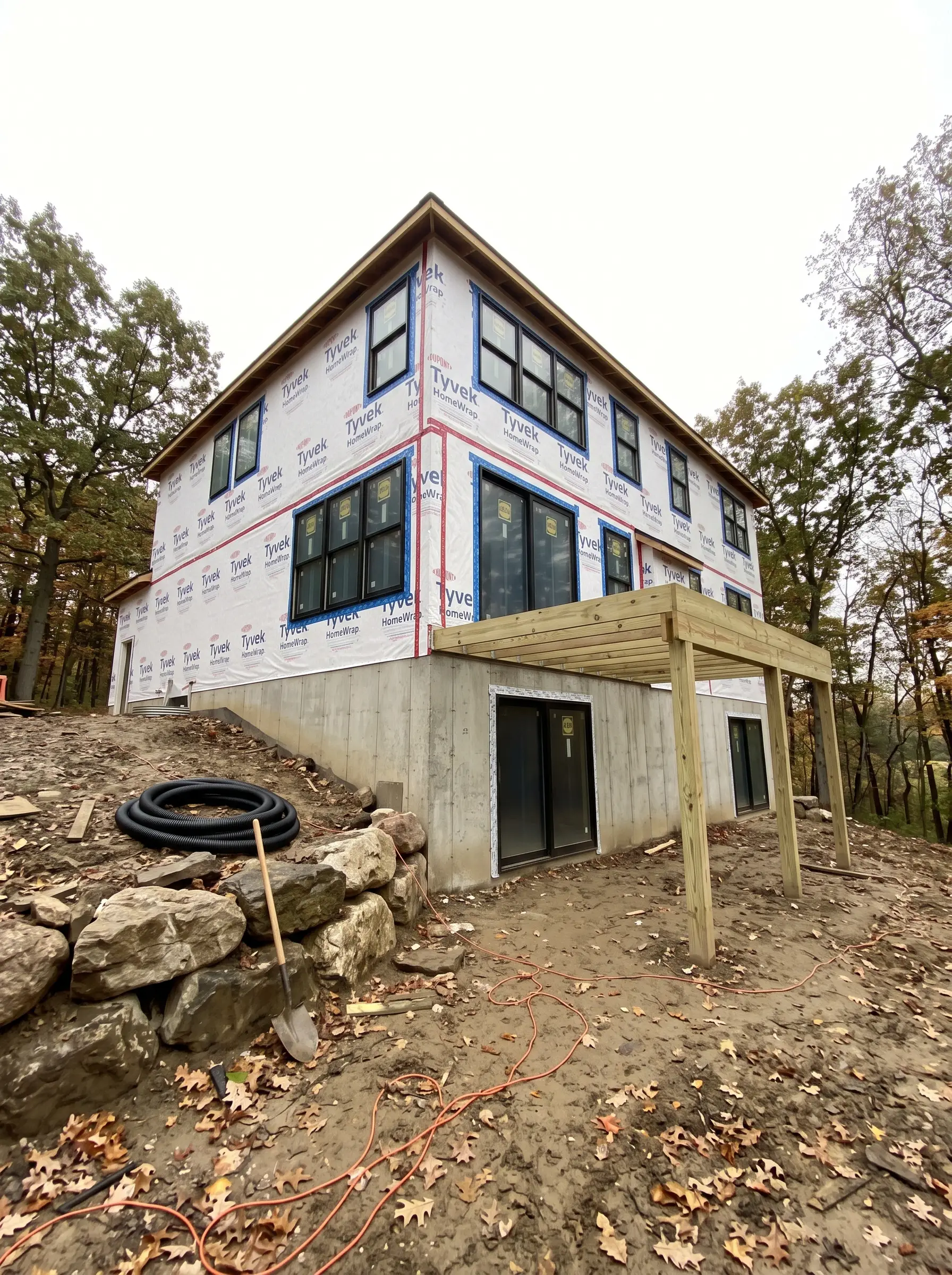 The back of a new home on a wooded slope, with a concrete walkout basement wall and a deck being framed above it
