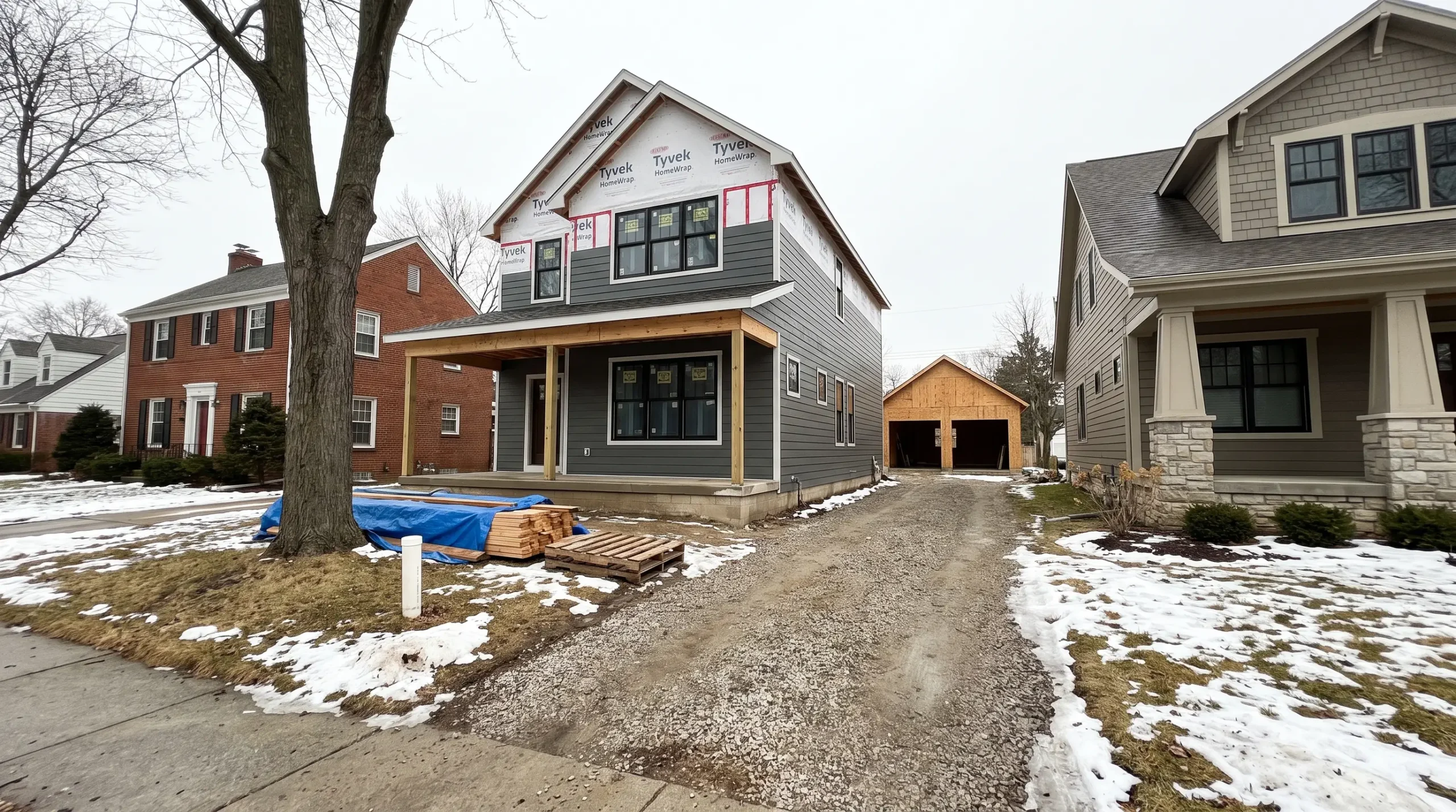 A new two-storey home with a front porch and partly installed siding, with a detached garage being framed at the end of a side driveway