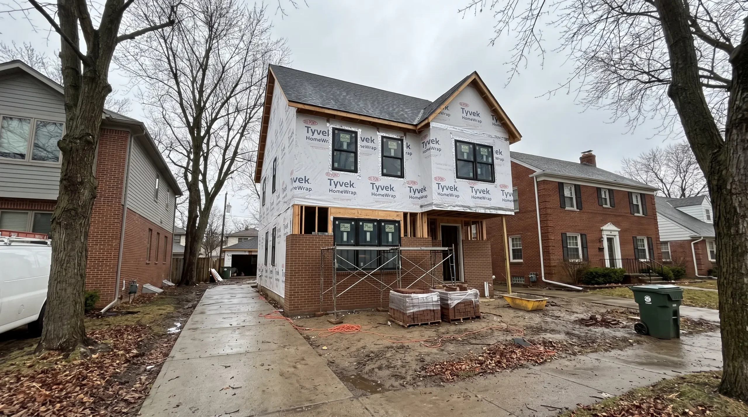 A new two-storey home with brick being laid on the lower storey, close between two brick neighbors on a street with a sidewalk