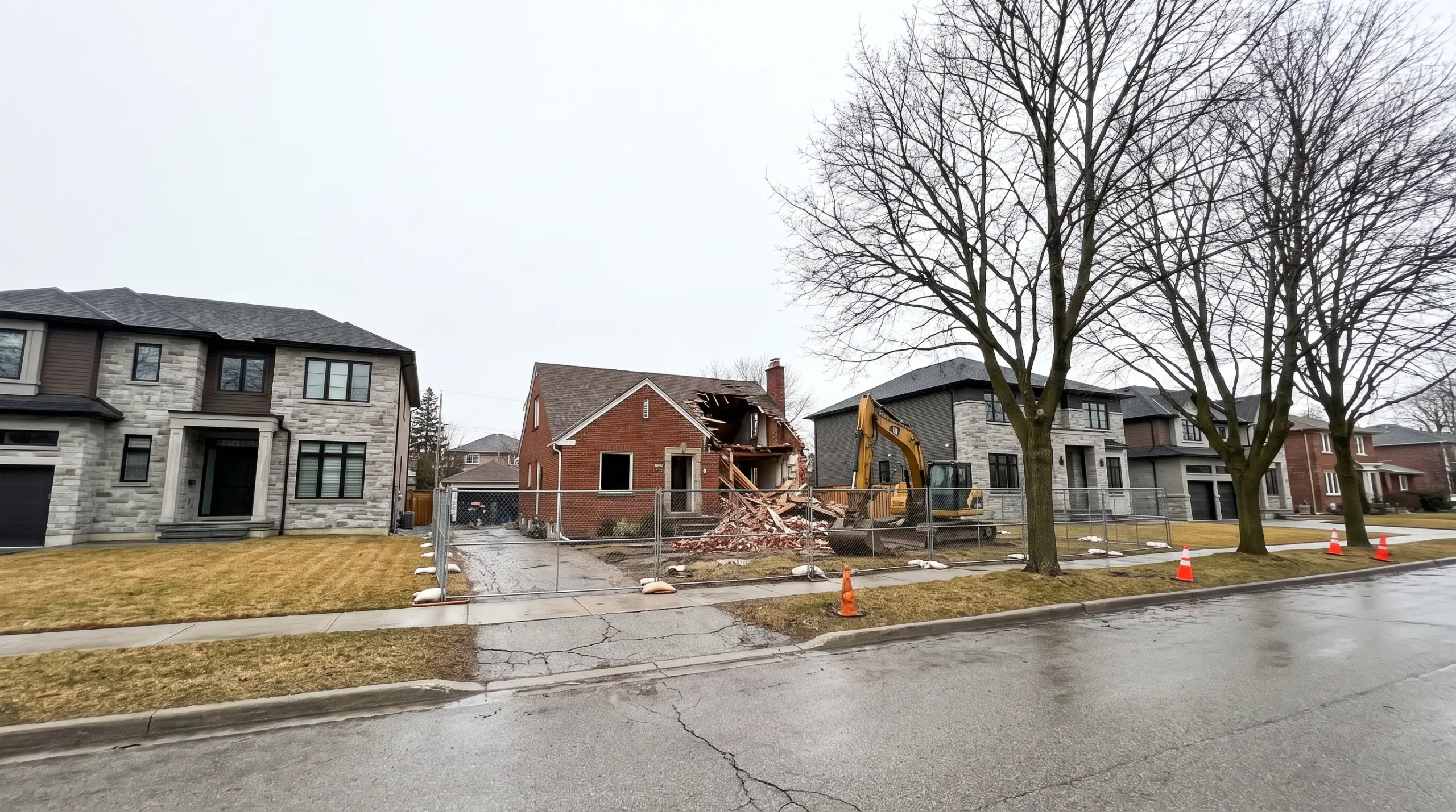 An older brick house being taken down by an excavator between two larger, newer stone homes on a tree-lined street