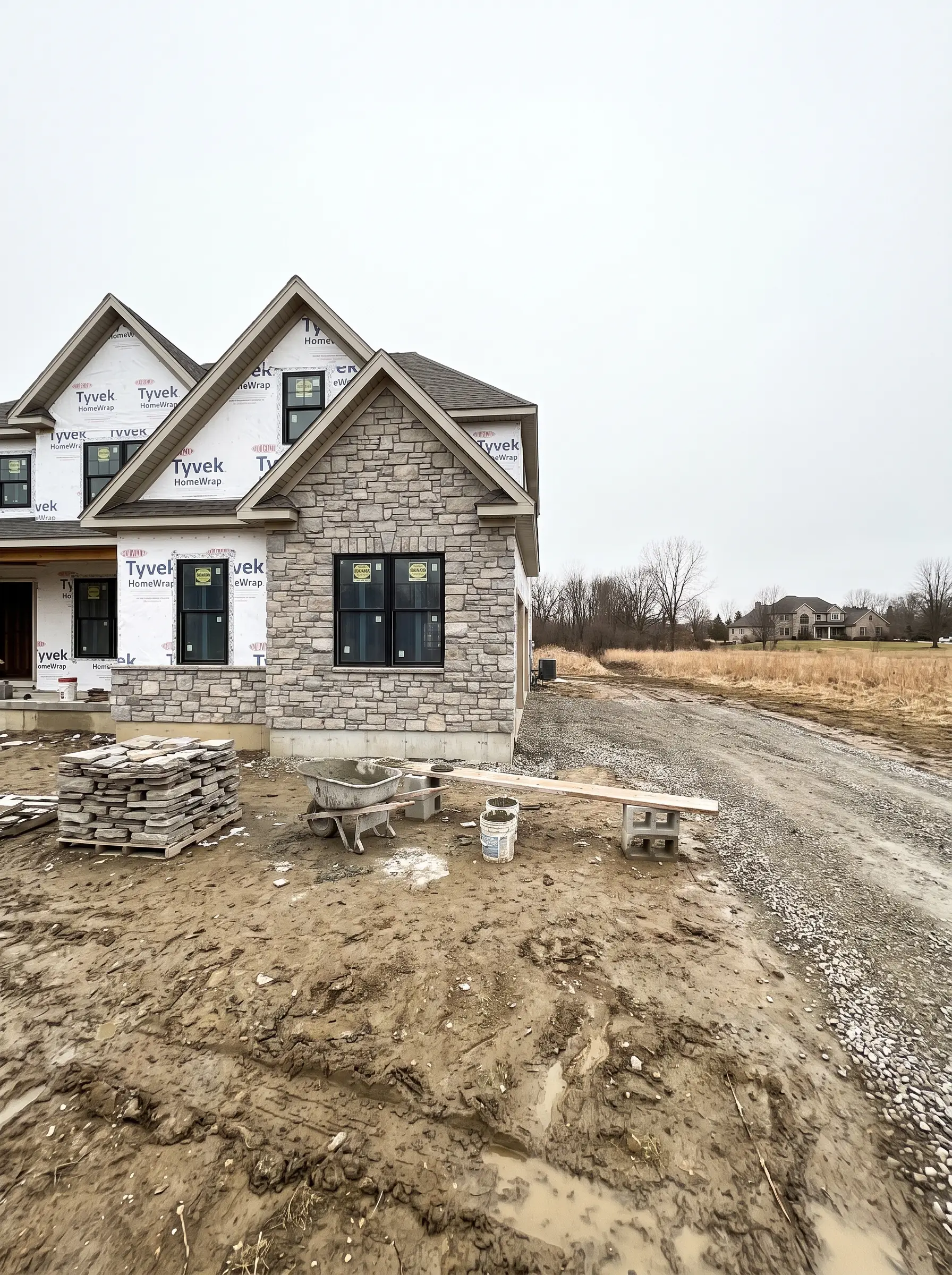 Stone veneer part way up the front of a large new home on open acreage, with a pallet of stone and a wheelbarrow beside a gravel drive