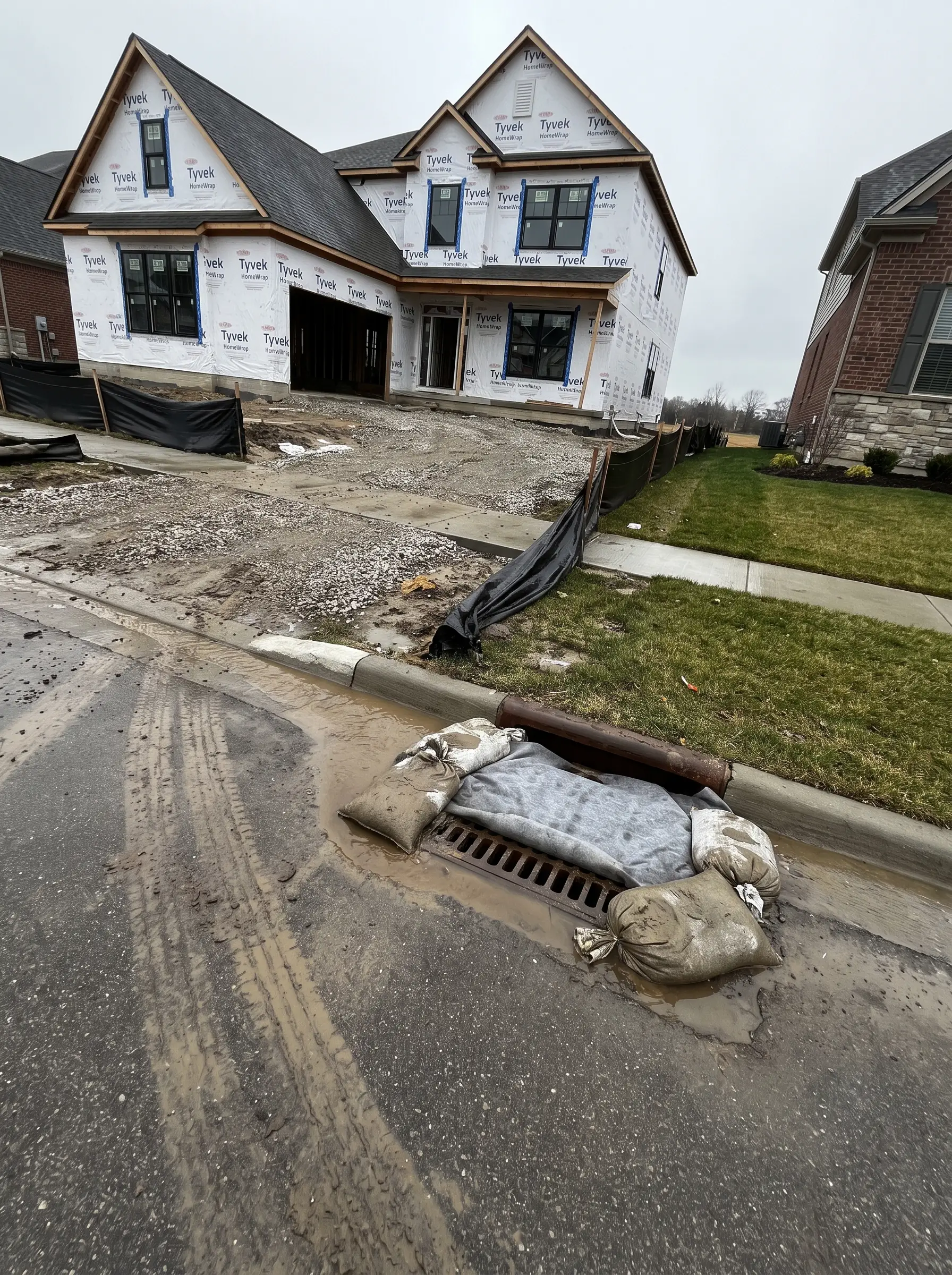 A street storm drain protected with filter fabric and sandbags in front of a large new home in house wrap with a silt fence