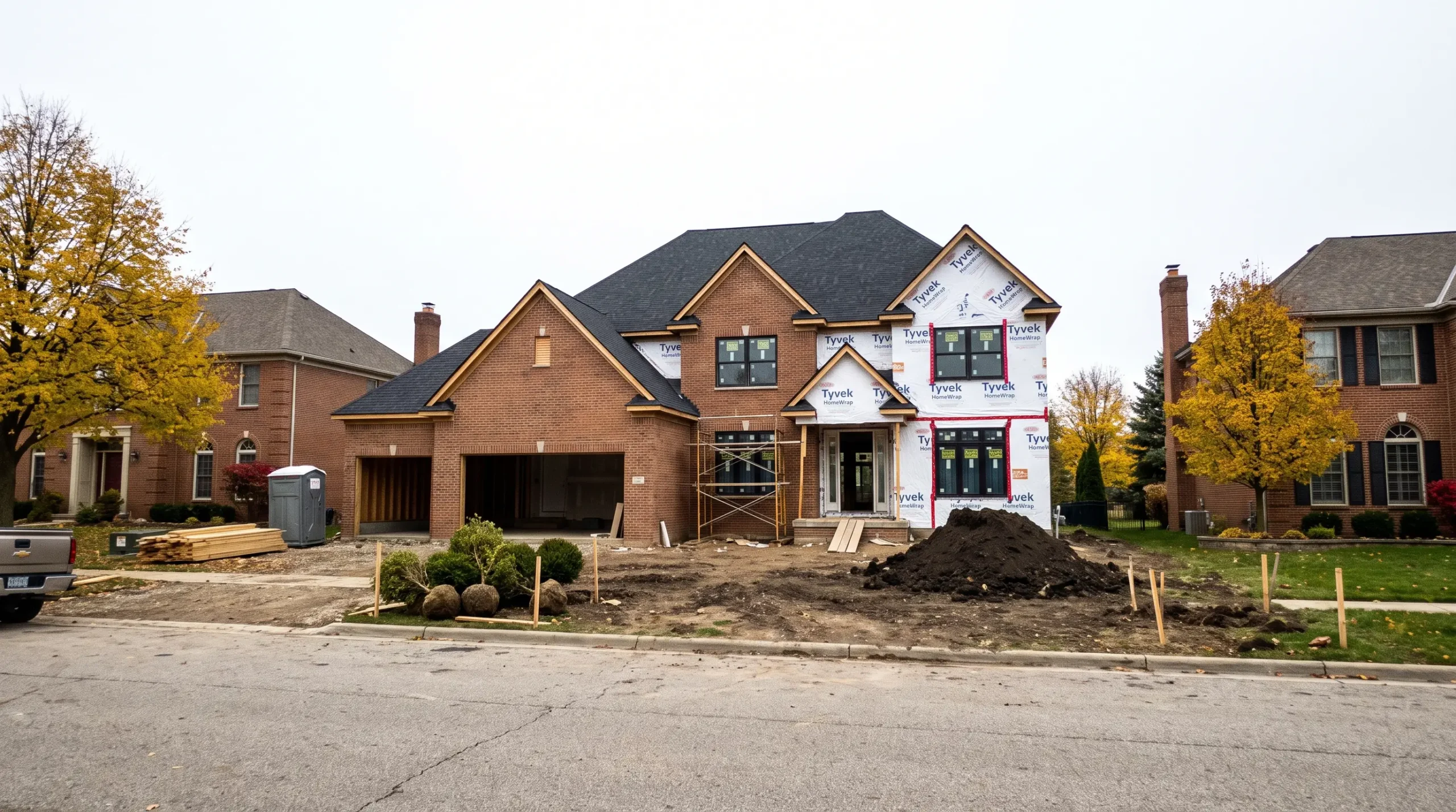 A large new brick home nearly closed in, with a pile of topsoil, grade stakes and shrubs waiting in the front yard
