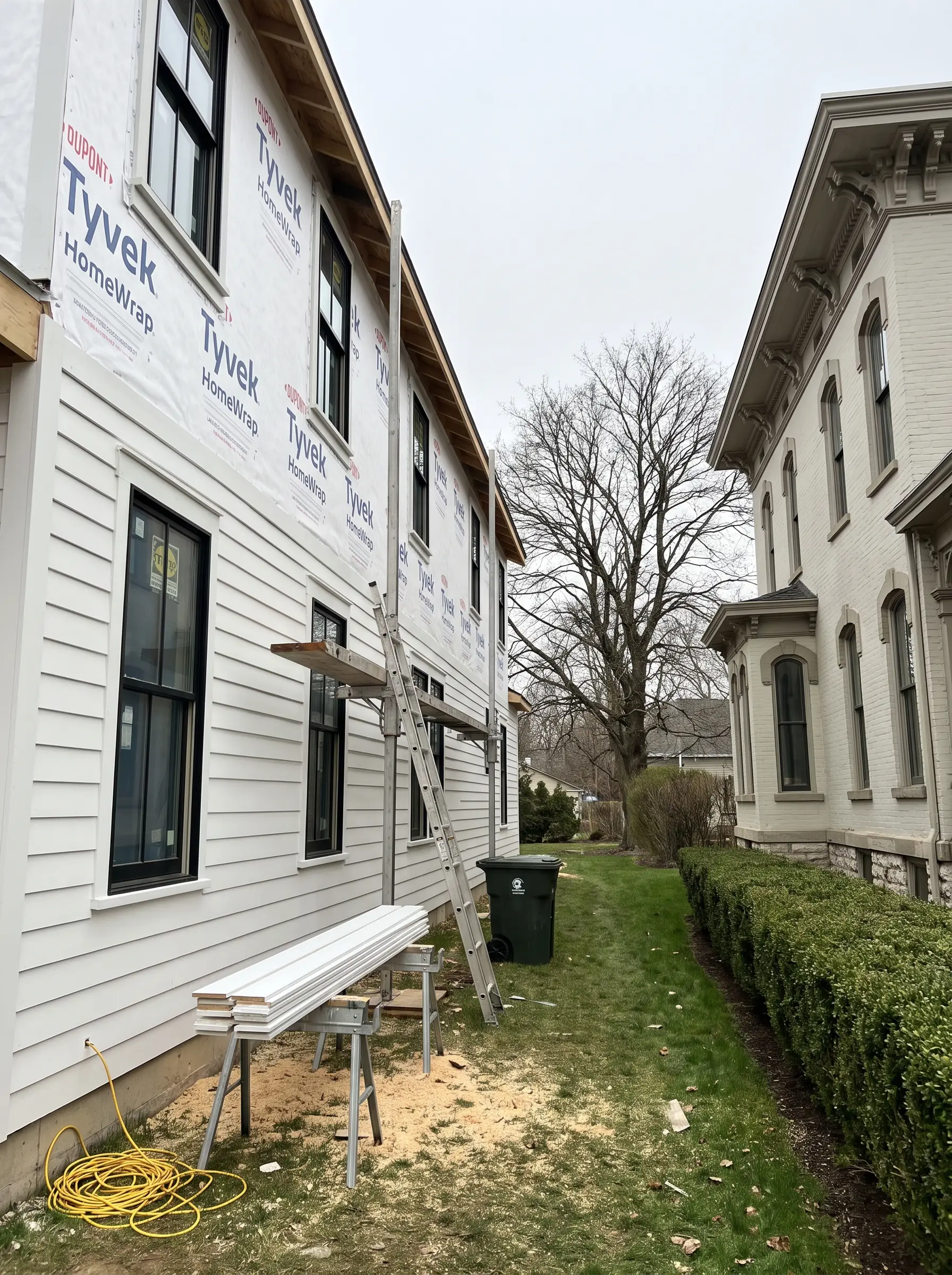 White clapboard siding and tall traditional windows going onto a new home, a few yards from a painted brick historic house
