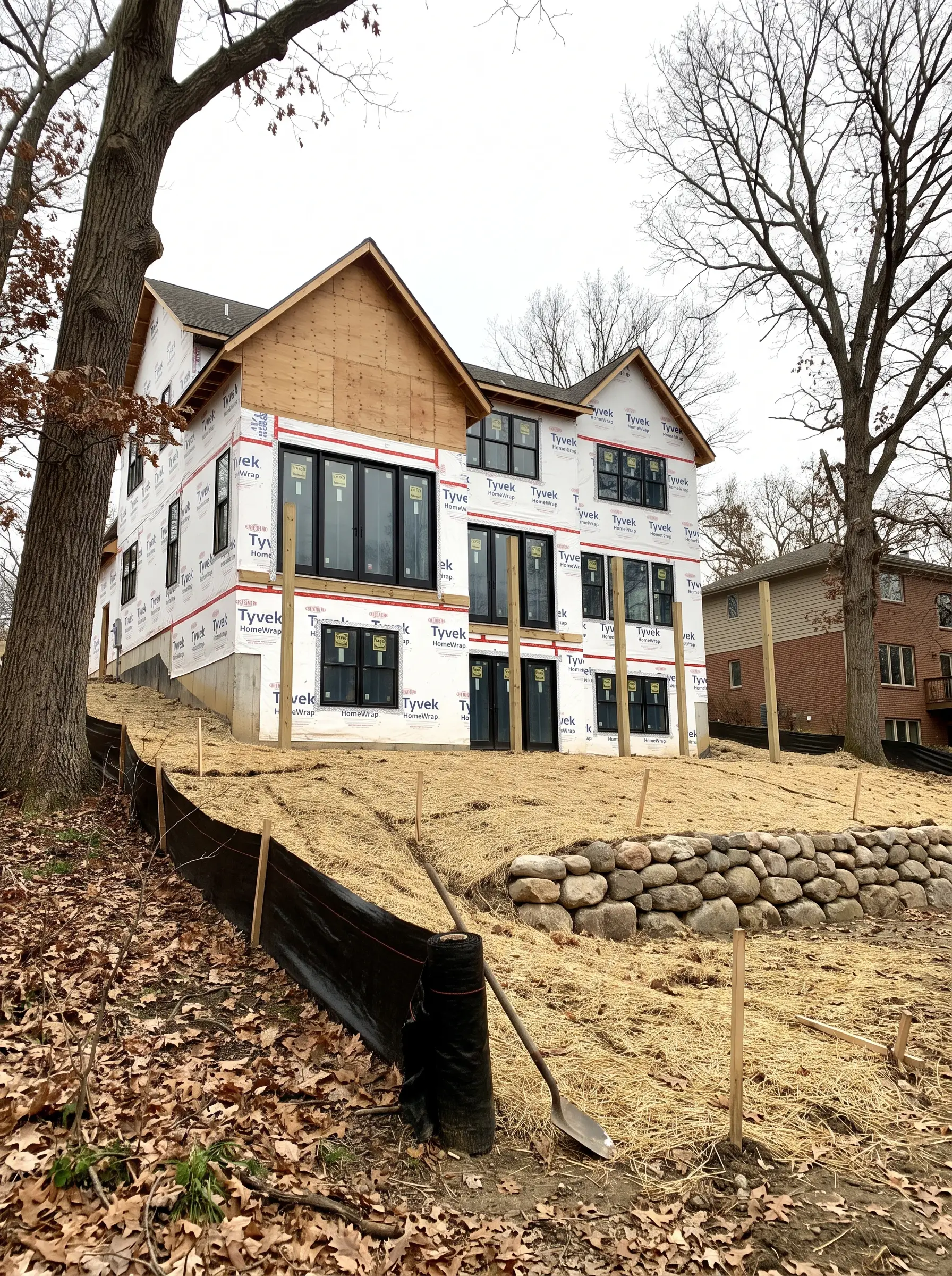 A steep back yard slope covered in straw erosion blanket below a new home in house wrap, with a boulder wall and mature oaks left standing