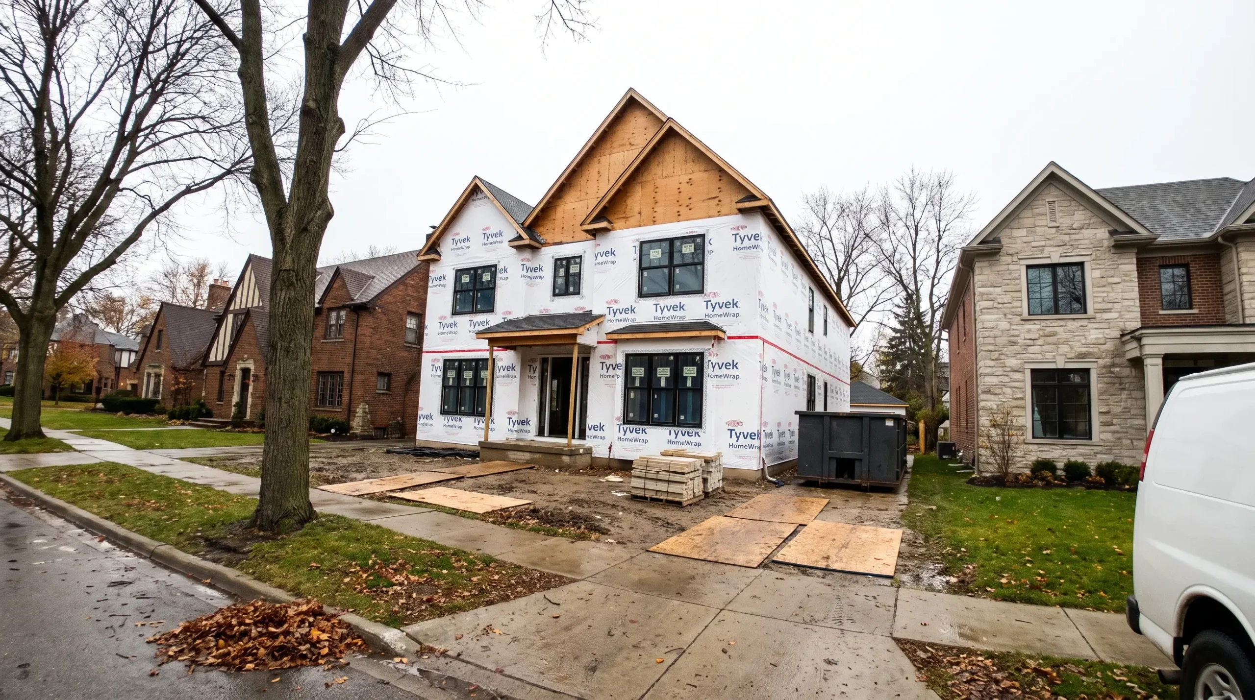 A new two-storey home in house wrap going up close between a brick Tudor and a newer stone home on a tree-lined street