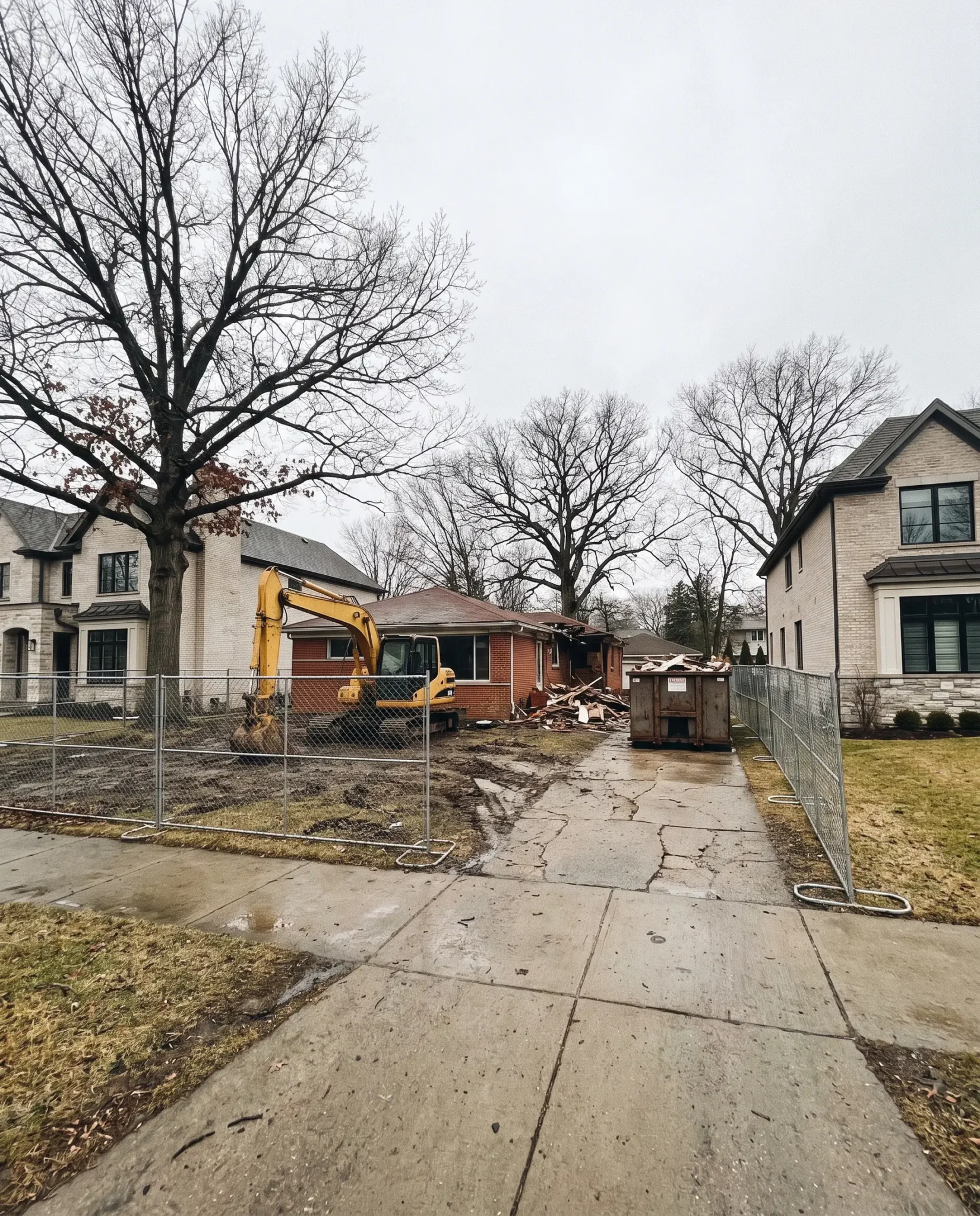 An older brick ranch house being taken down between two larger newer homes on an established street